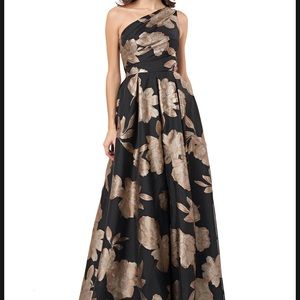 Carmen Marc Valvo Infusion One-Shoulder Floral Jacquard Gown with Pleat Detail